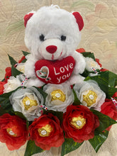 Load image into Gallery viewer, Teddy with white &amp; Red Rocher Roses
